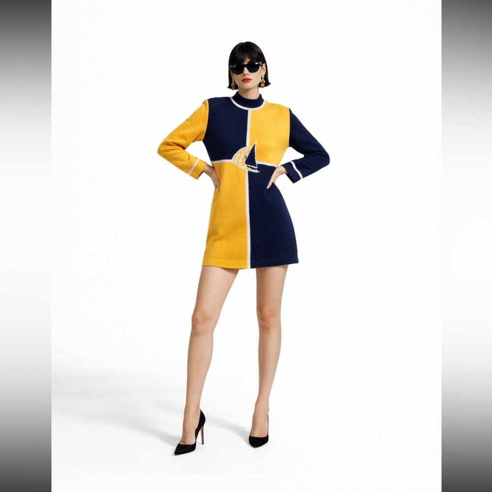 St. John knit mod sailboat Yellow and Blue Long Sleeve knit mini dress